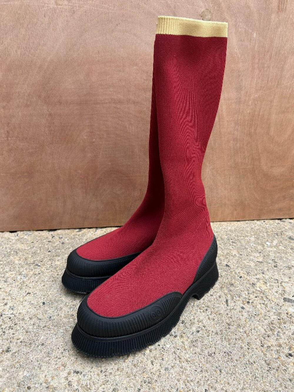 Charlotte Stone Hera Red Knit Platform Heeled Boots with Cream Trim